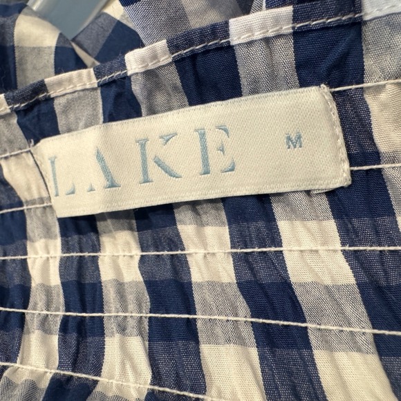NWOT LAKE Veranda Dress Navy Gingham Smocked Puff Sleeve Tiered Hem Medium - Picture 3 of 7